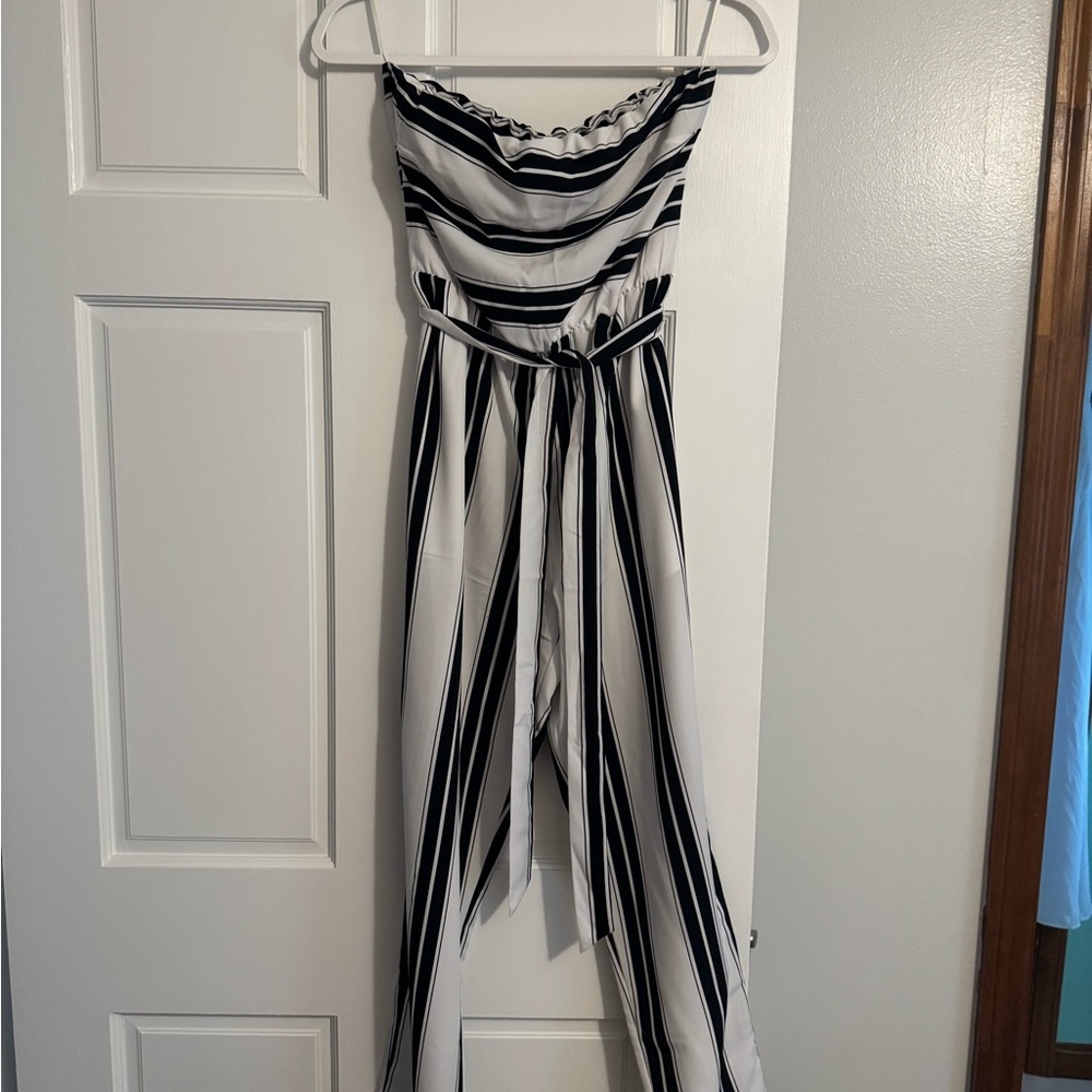 Express Black and White Striped Strapless Jumpsuit